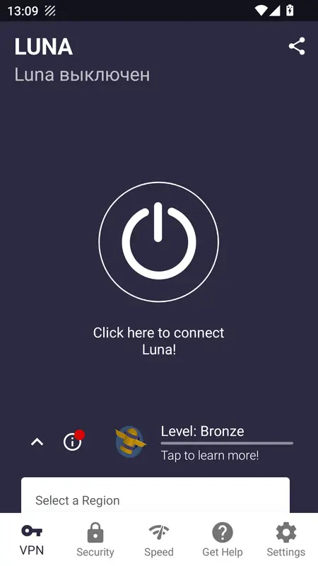 Скриншот интерфейса Luna VPN